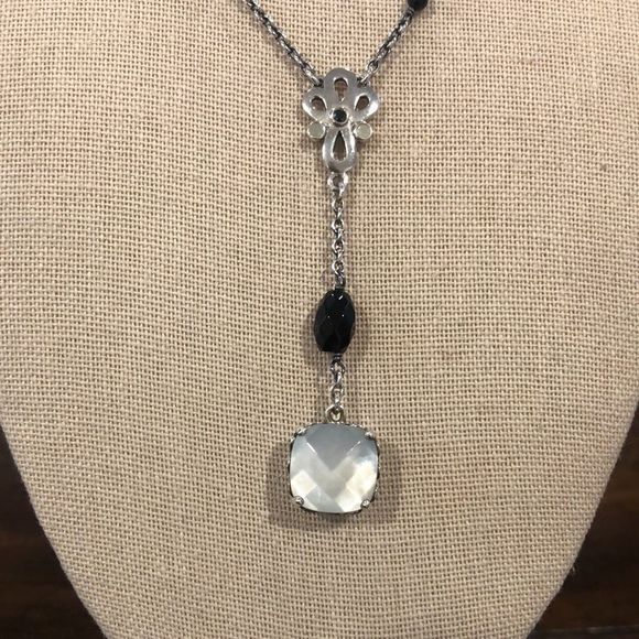PANDORA Sincerity Sterling Silver Y Drop Mother of Pearl Onyx Station Necklace - Picture 3 of 12